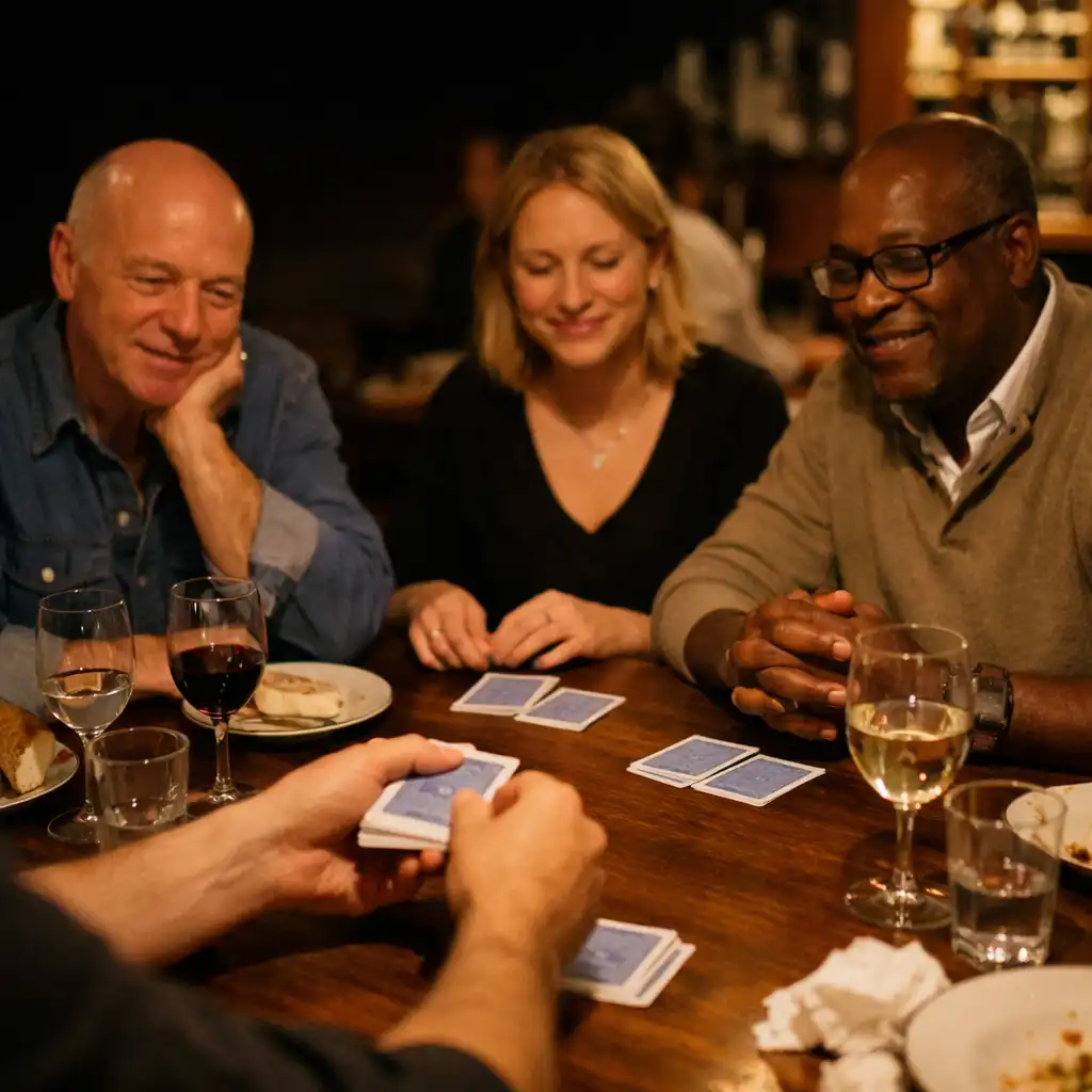 Mains d'un animateur distribuant des cartes à une table avec des invités