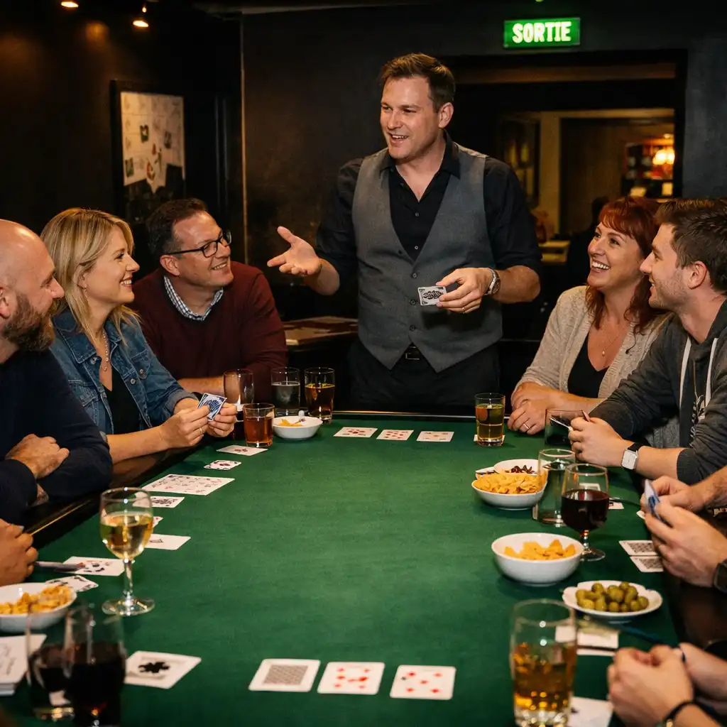 Groupe adulte réuni autour d’une animation de table dans un card lounge