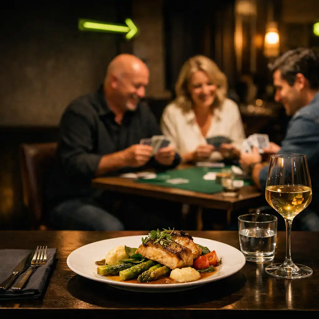 Assiette servie sur une table avec un espace cartes animé à l'arrière-plan