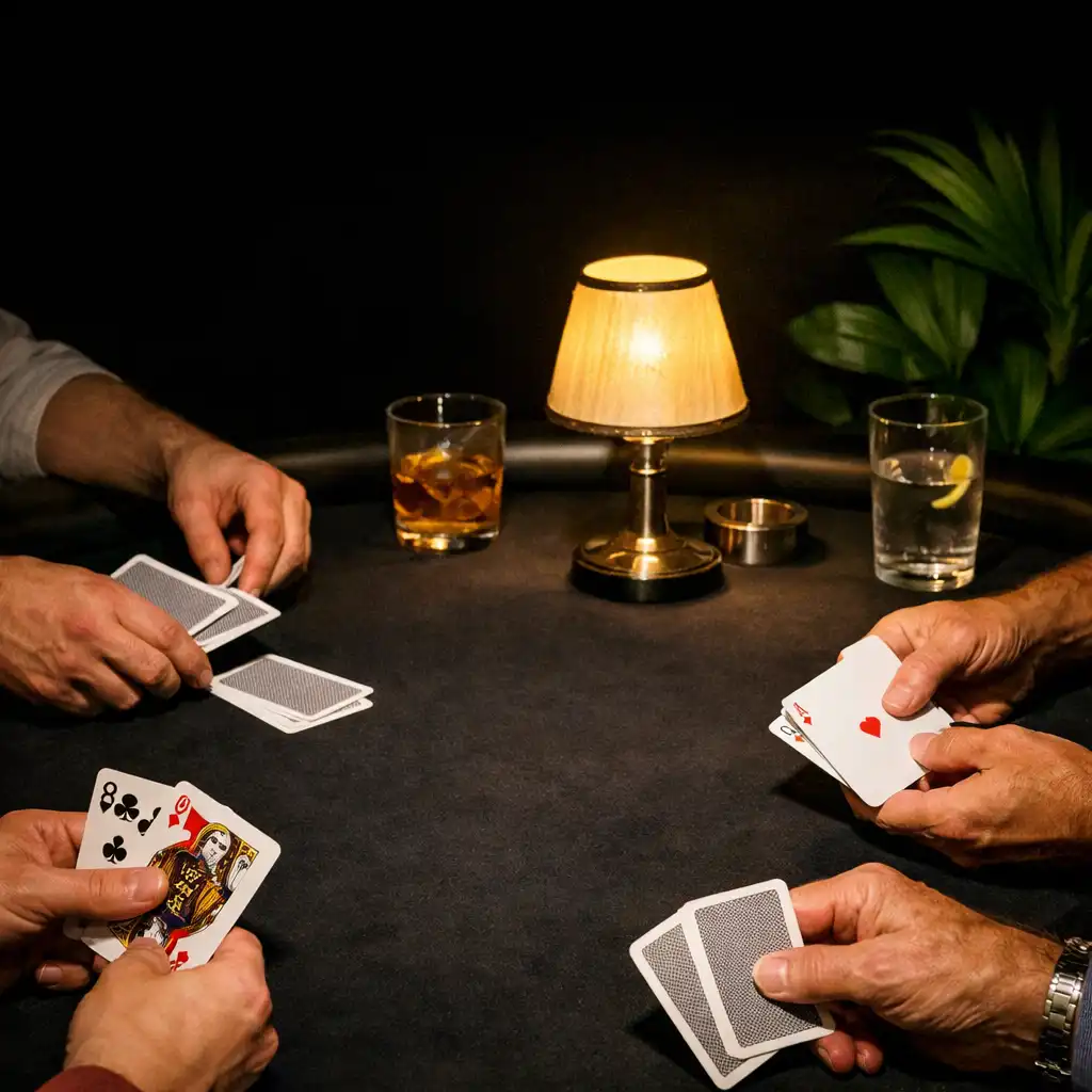 Mains d'adultes réunies autour d'une table de cartes dans le card lounge