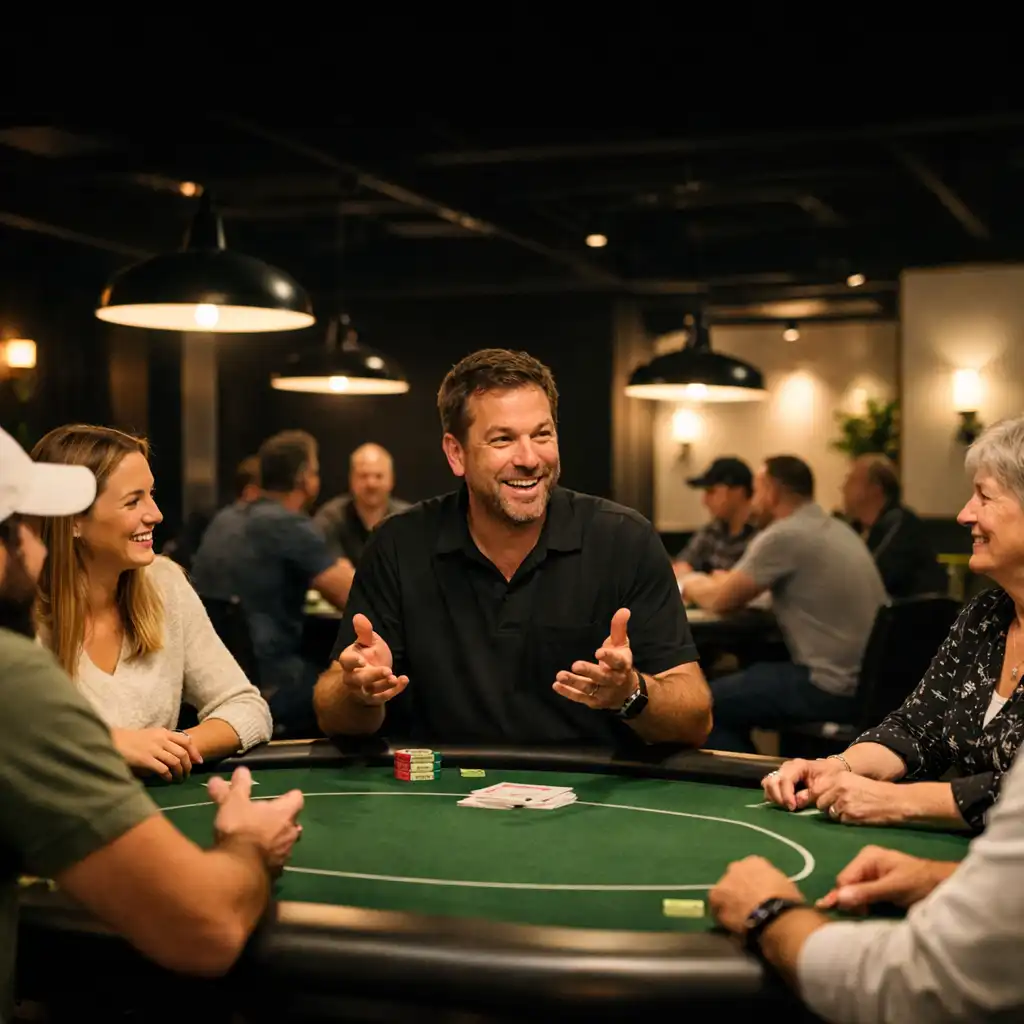 Animateur de table échangeant avec un groupe dans le card lounge