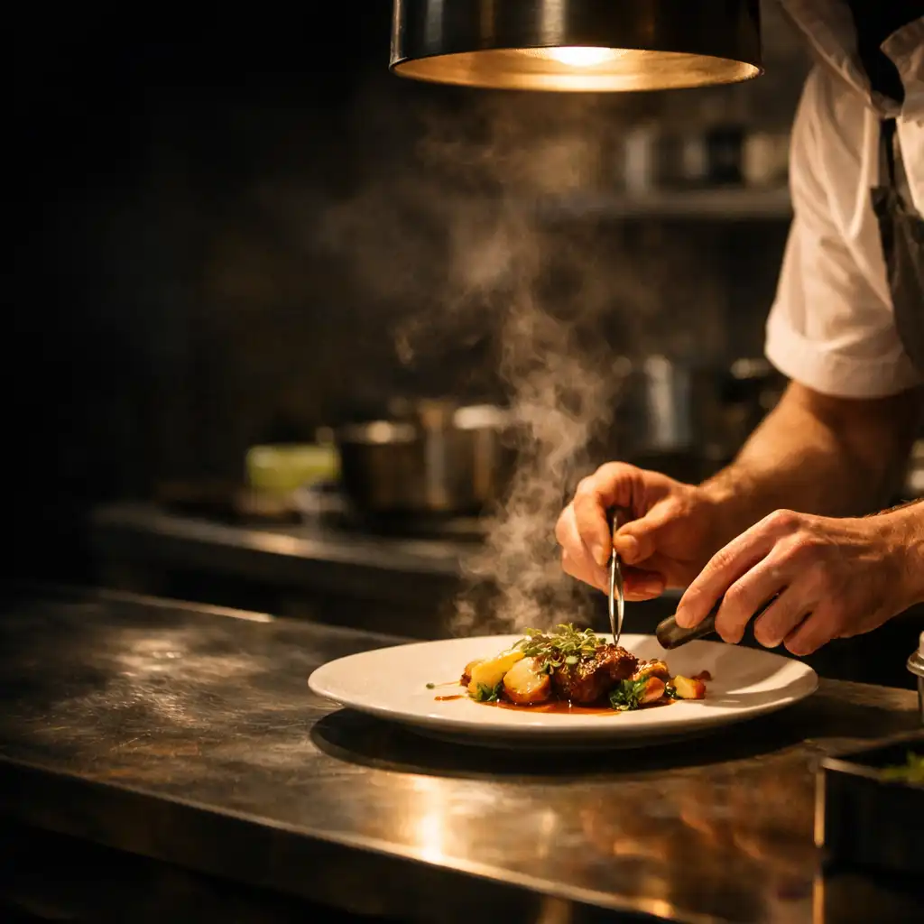 Un geste de finition d’assiette pendant le service du soir.