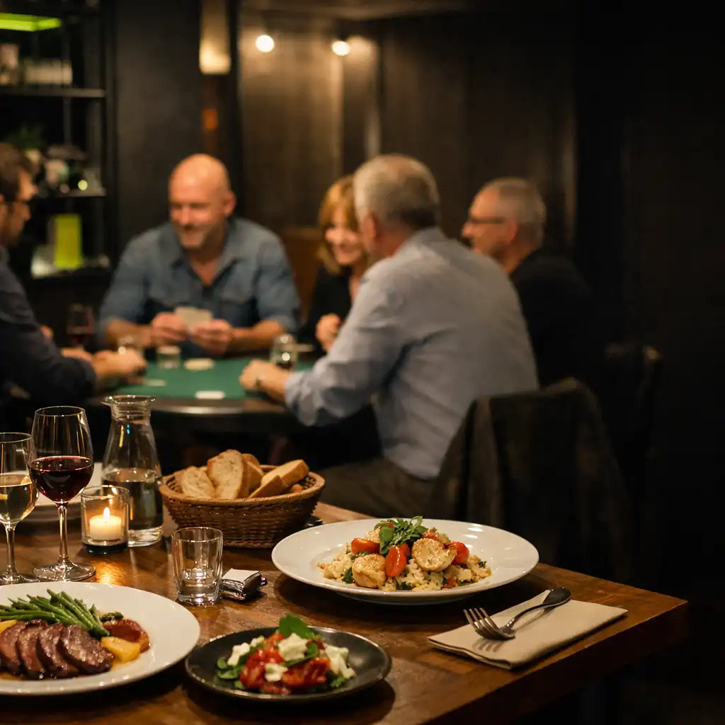 Dîner servi dans un espace où les convives se retrouvent autour des cartes