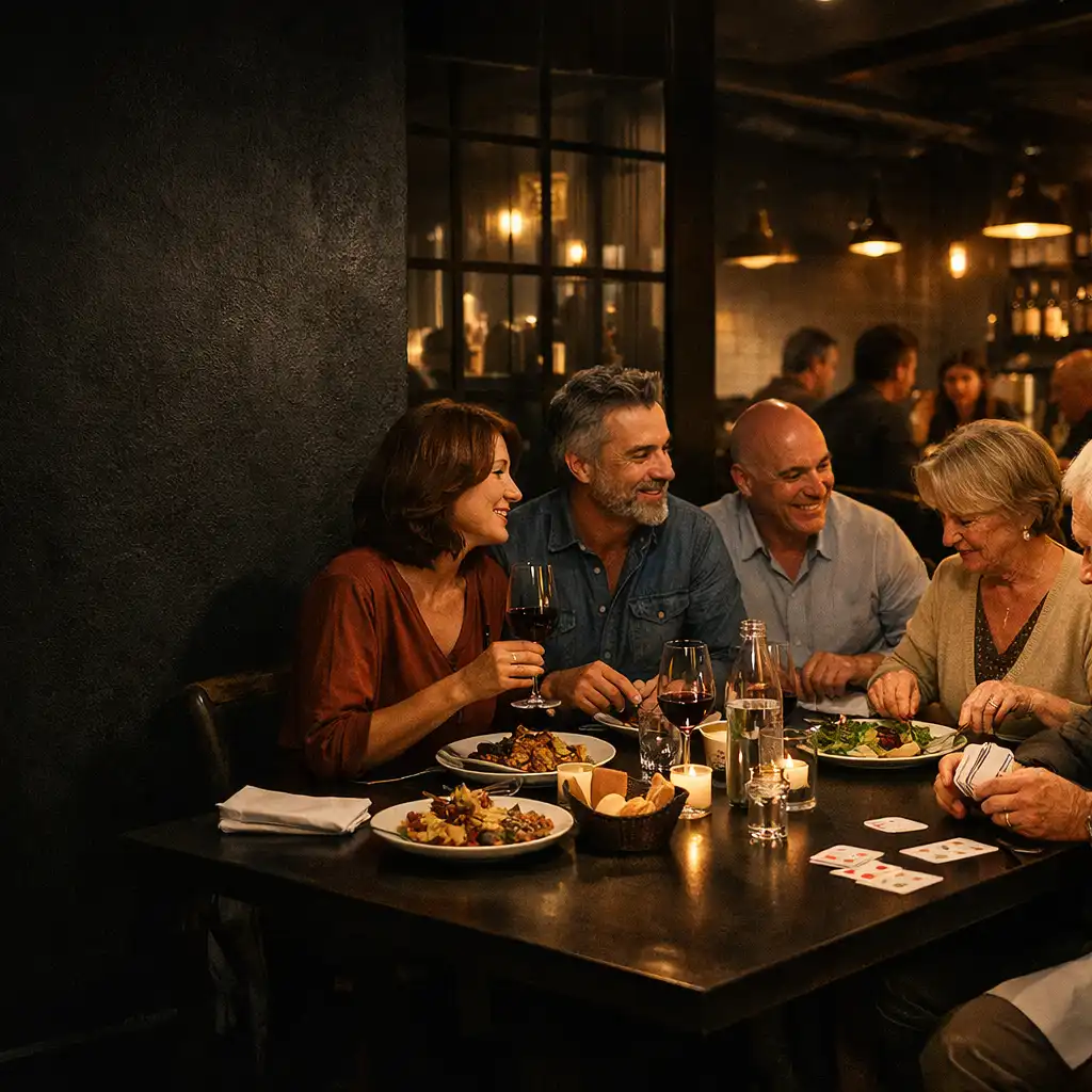 Tablée dans un restaurant avec cartes et animation de table en arrière-plan