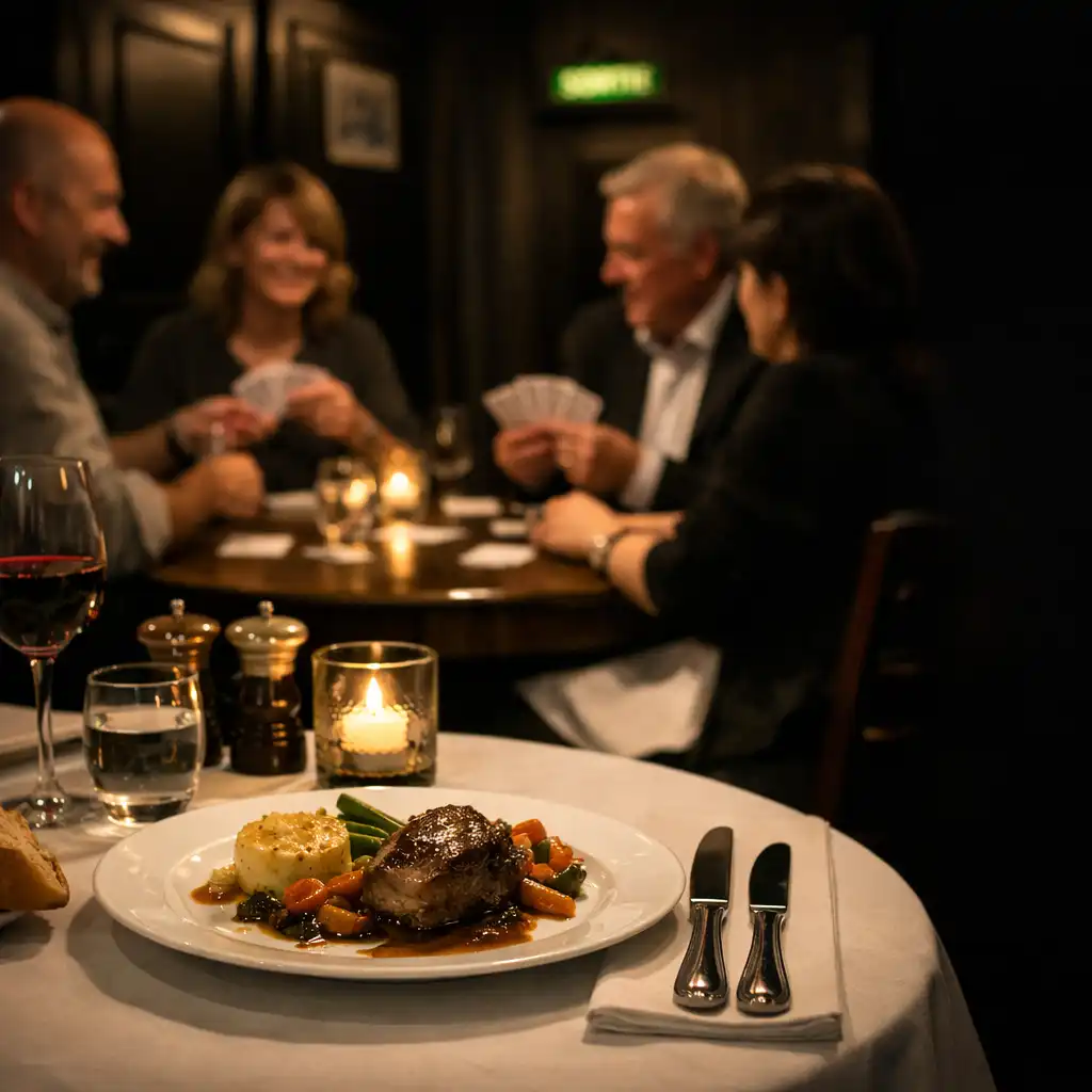 Table dressée et dîner dans un restaurant animé par un espace cartes