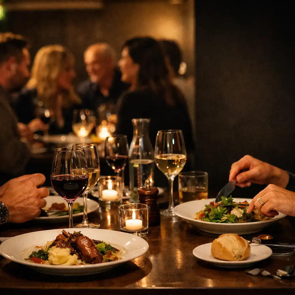 Assiettes et mains de convives pendant un dîner de groupe dans une salle de restaurant