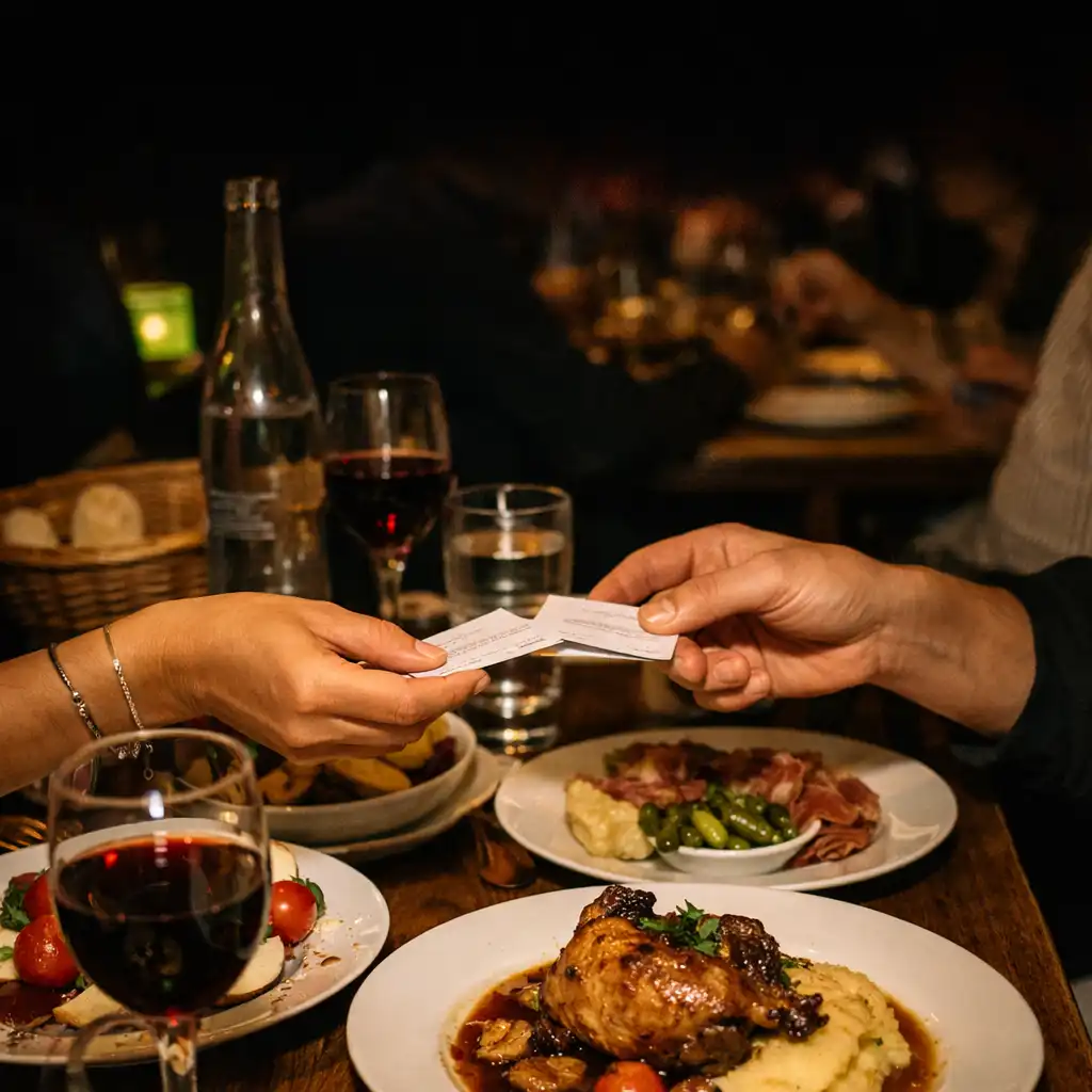 Mains, assiettes et cartes réunies autour d’une table de dîner.