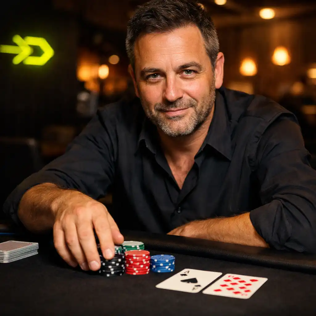 Hôte guidant des jetons récréatifs et des cartes à une table