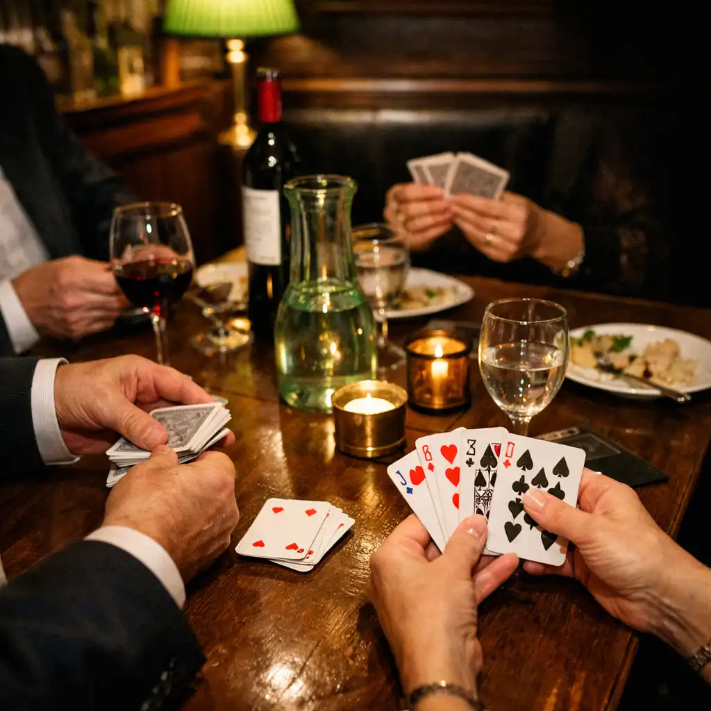 Mains de plusieurs participants autour d’une table de cartes pendant un rassemblement privé