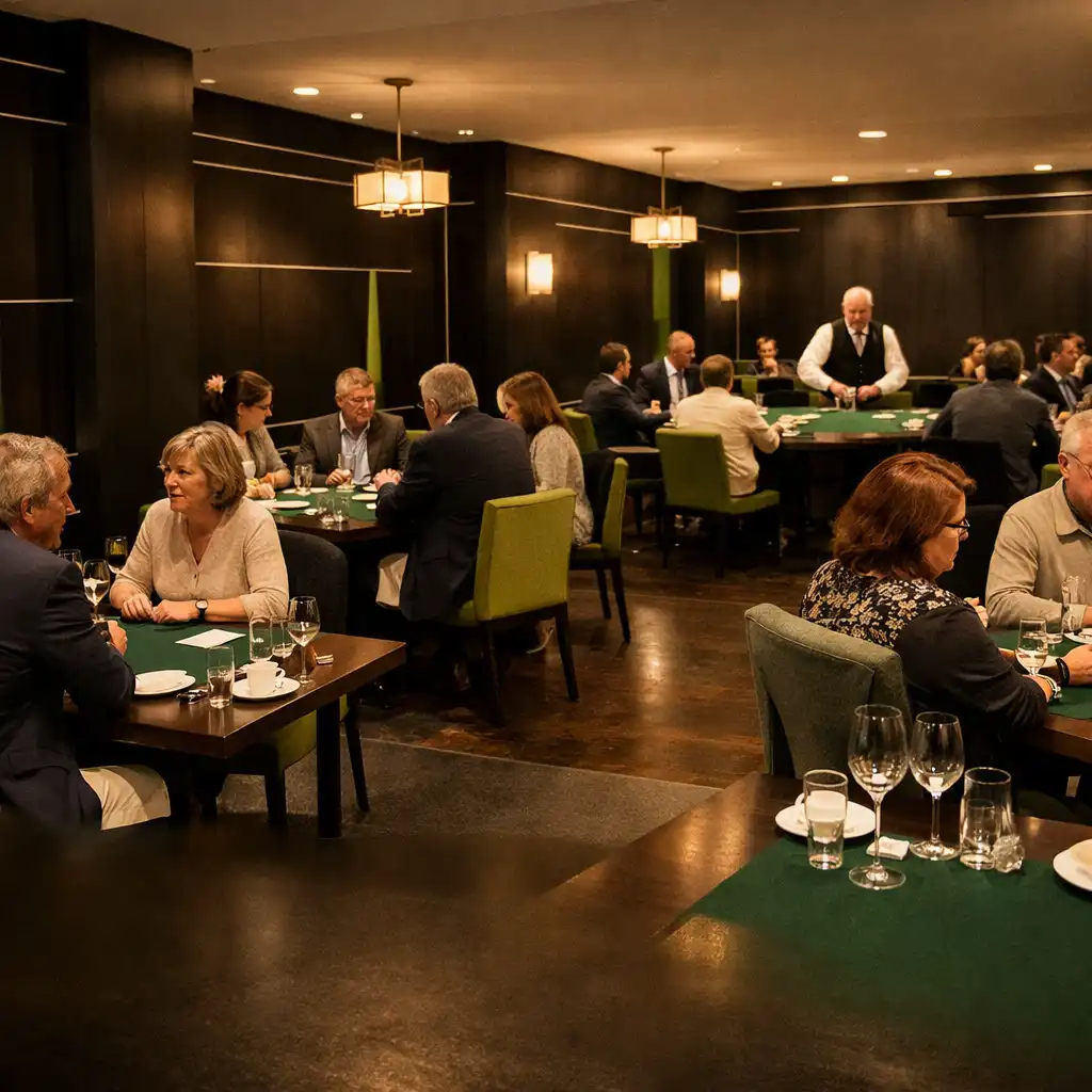 Groupes réunis dans un card lounge après le dîner autour de tables rectangulaires.