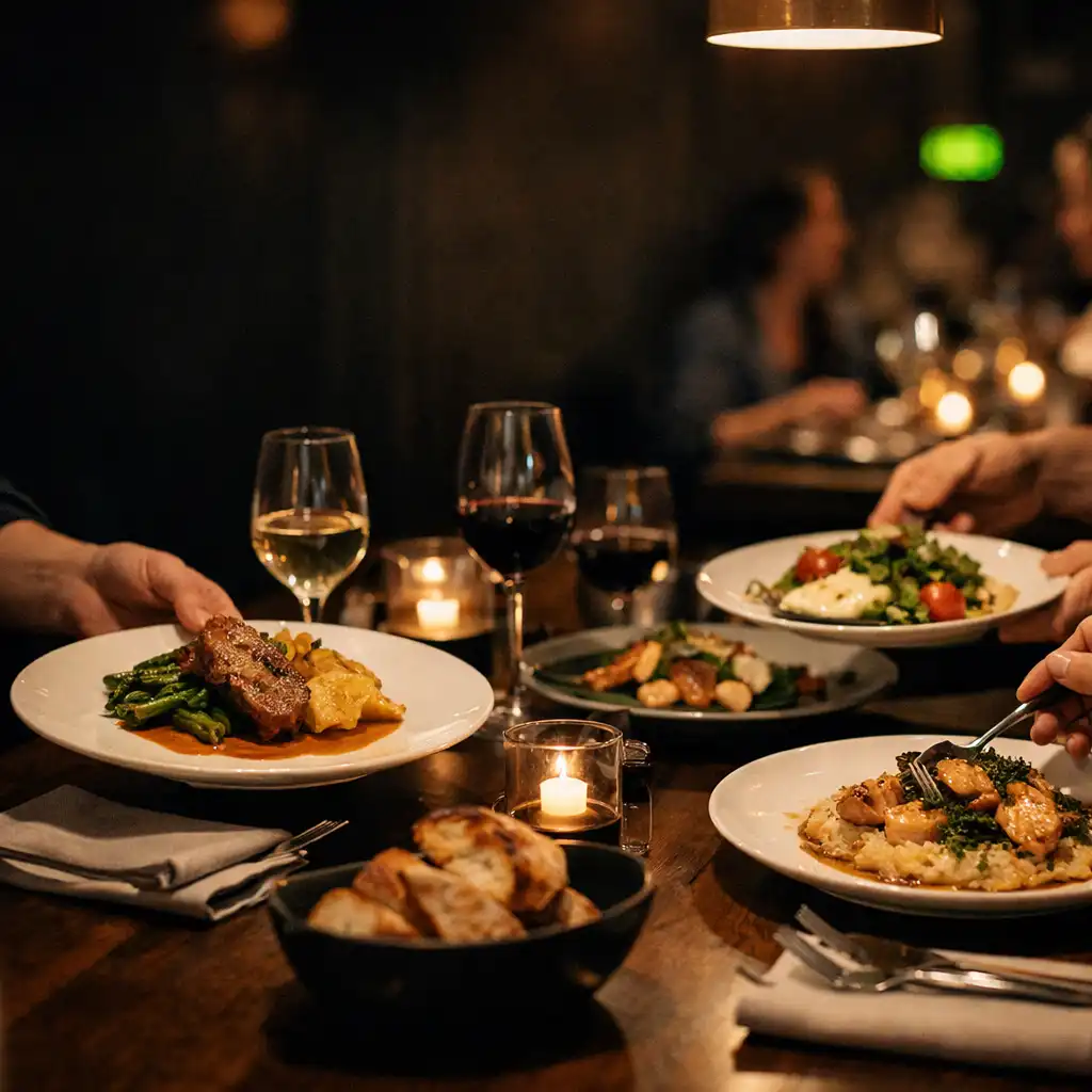 Dîner partagé entre collègues autour d’une table de restaurant français