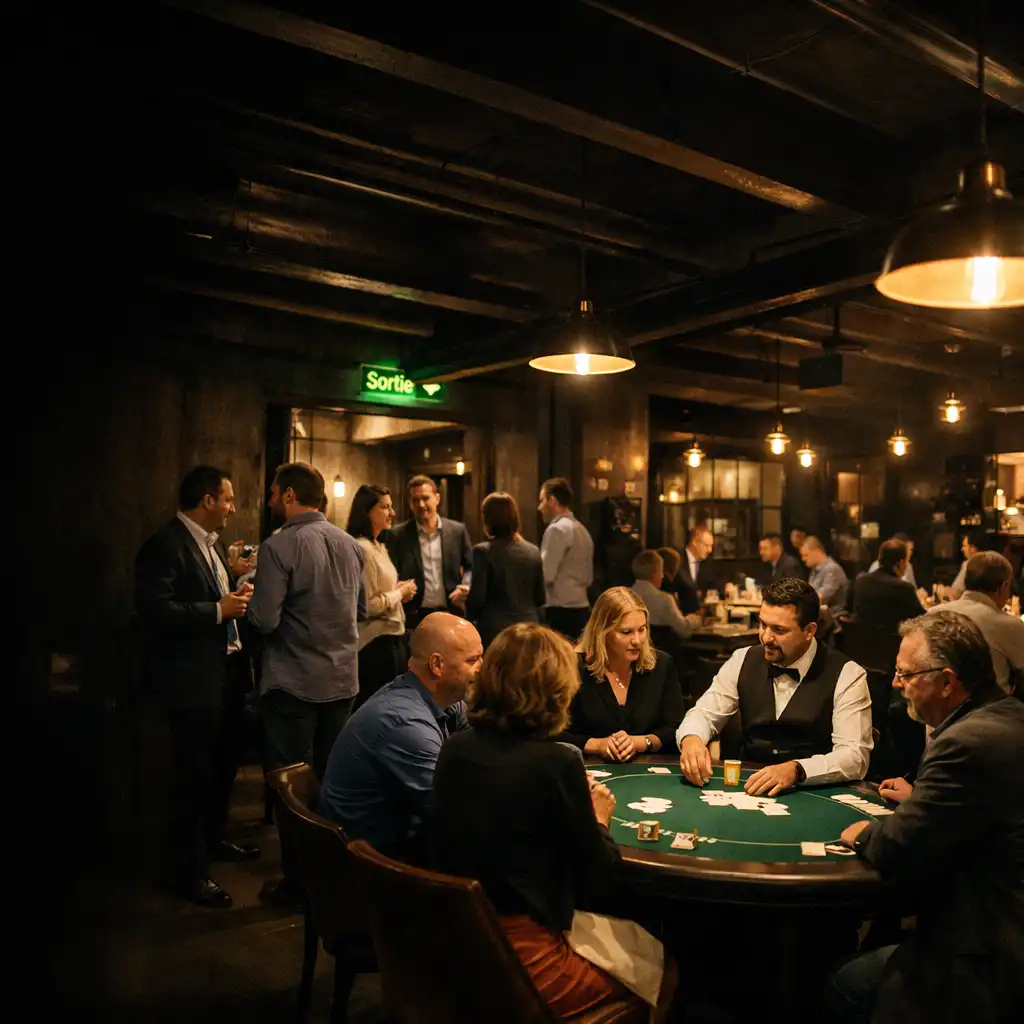 Salle animée de Looren Via avec dîner, échanges d’équipe et table de cartes en présentiel