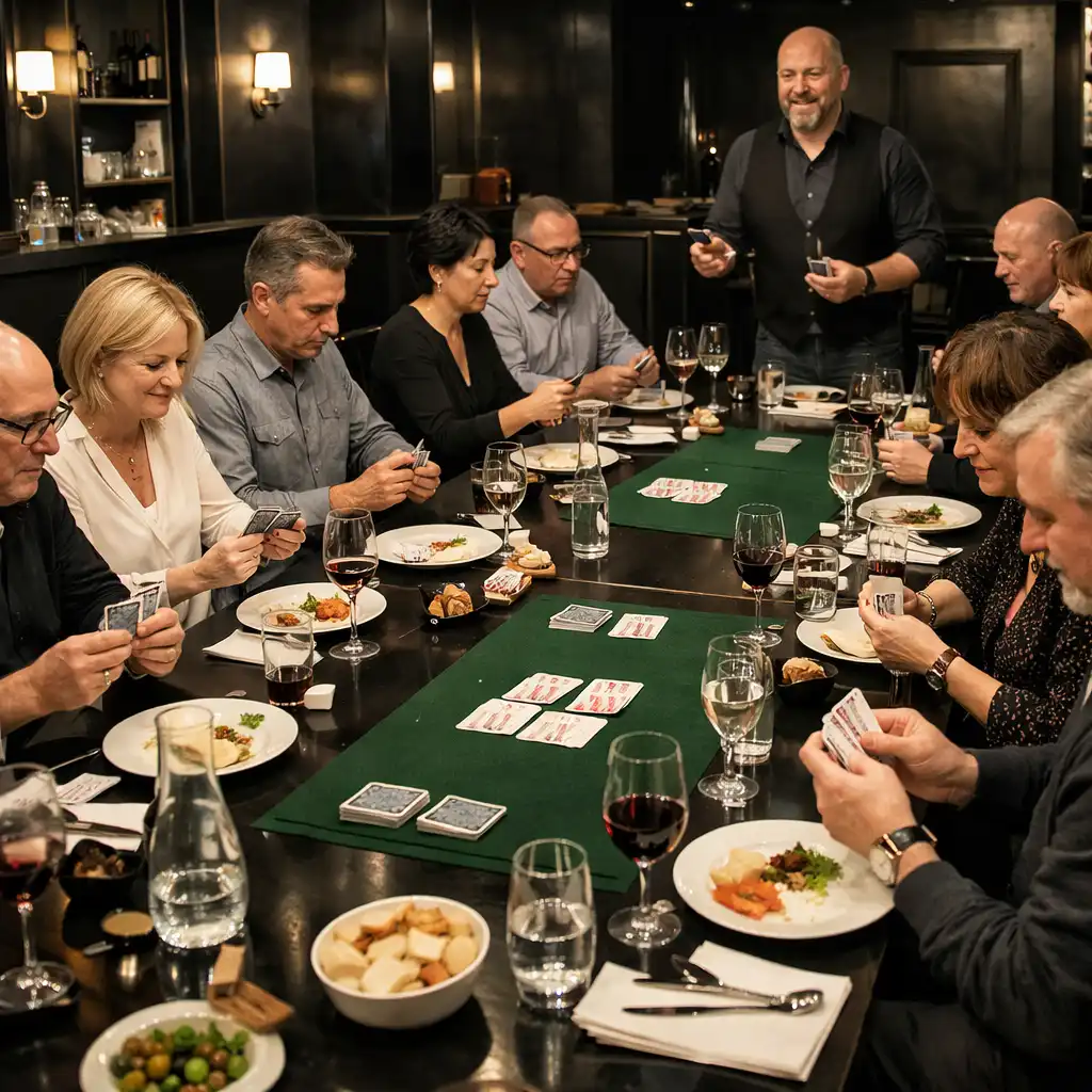 Grande table de restaurant animée par une soirée cartes conviviale