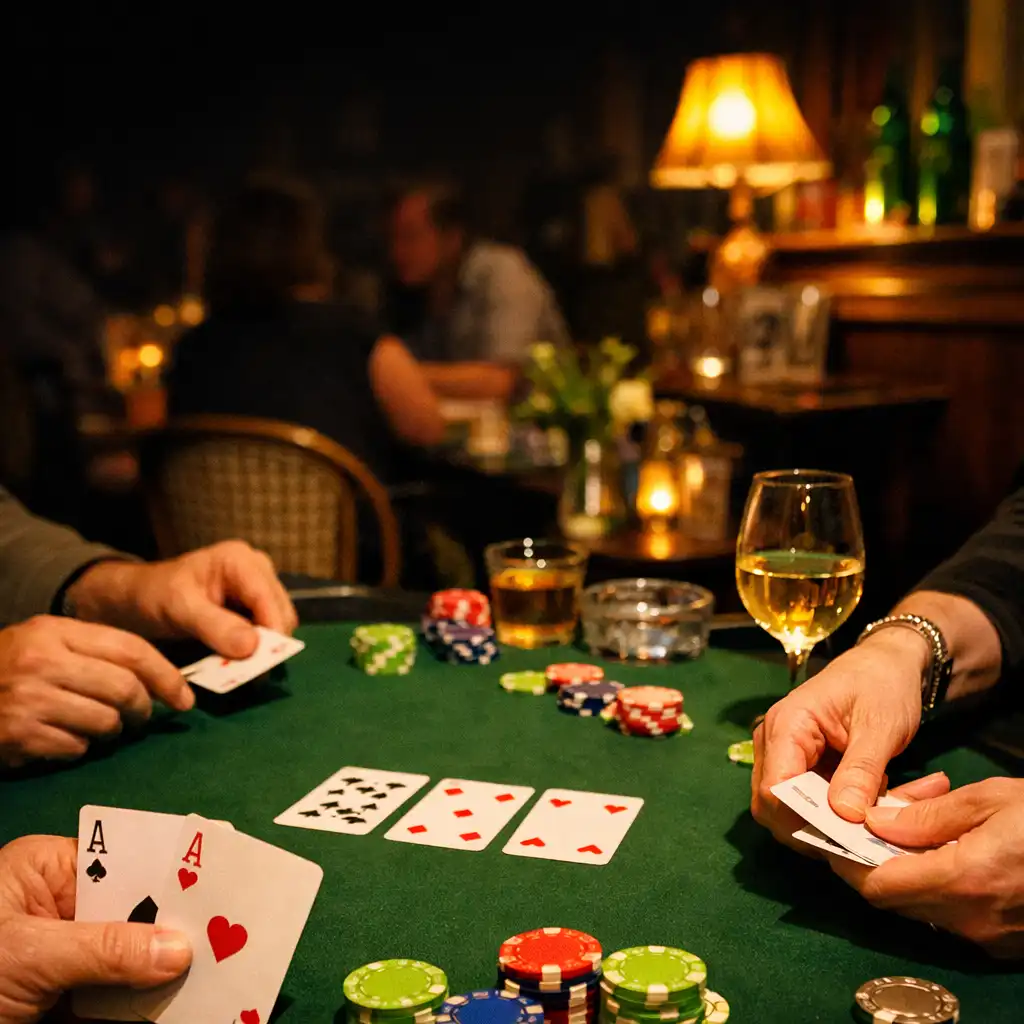 Mains de participants autour d’une table de poker récréatif en présentiel
